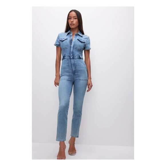 $190 GOOD AMERICAN Fit for Success Jumpsuit Jean Blue Stretch Cotton M - Picture 1 of 9